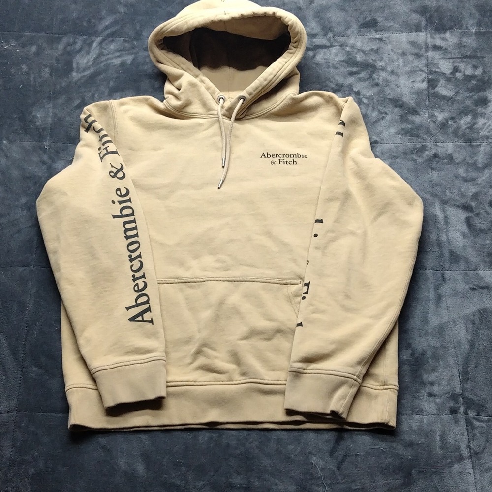 VTG Y2K Abercrombie & Fitch Hoodie Mens M Tan Pullover Spell Out Sweatshirt Boxy